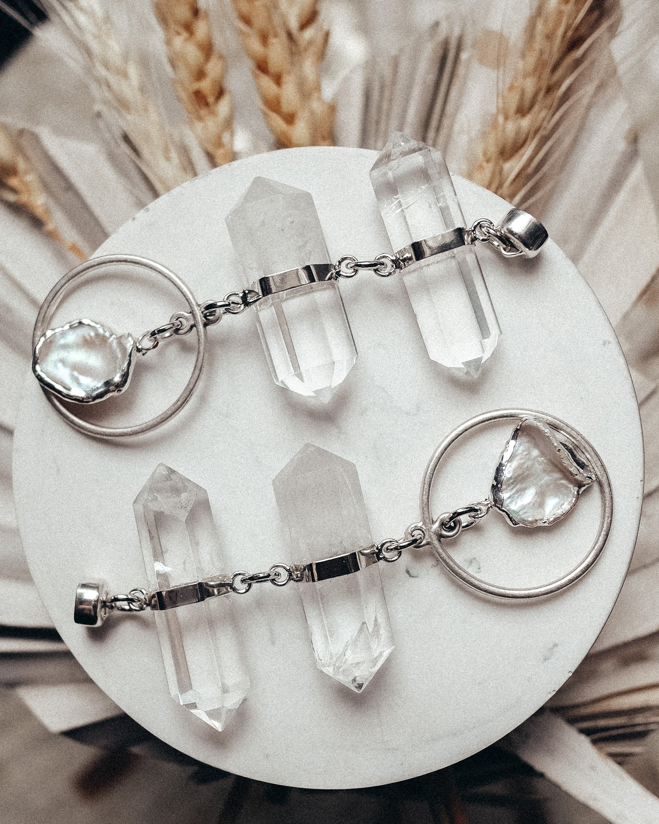 Silver, Pearl and Clear stacked Quartz Ear Hanger 
